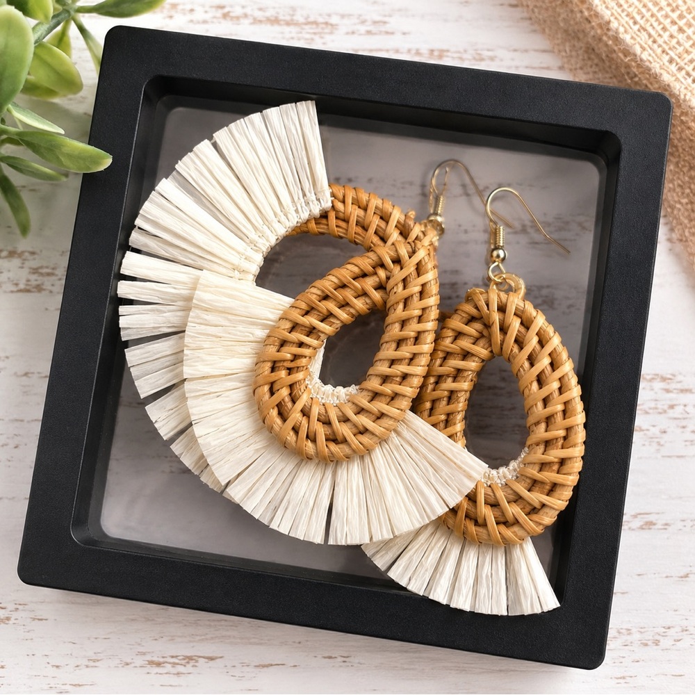 Woven Rattan Teardrop Fringe Earrings in Natural and Cream